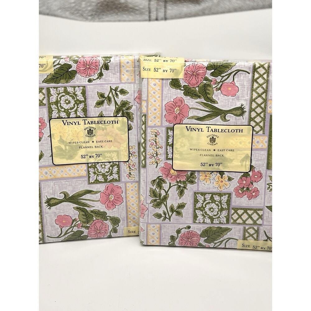 2 New Vinyl Tablecloth 52” x 70” Flannel Back Floral Green Pink White Yellow